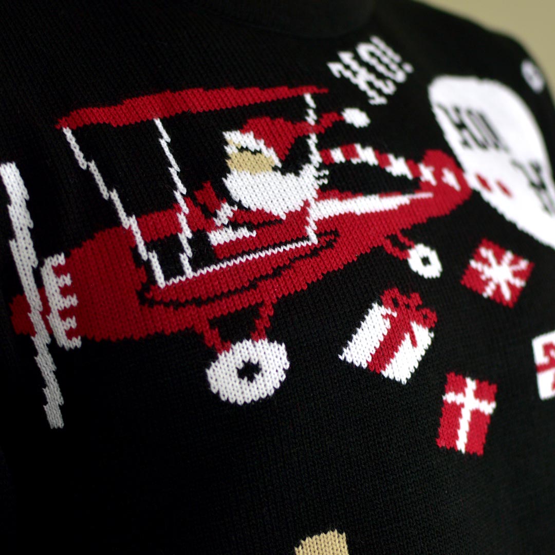 Camisola de Natal para Casal Preta Pai Natal e Rena à Procura de Trabalho detalhe