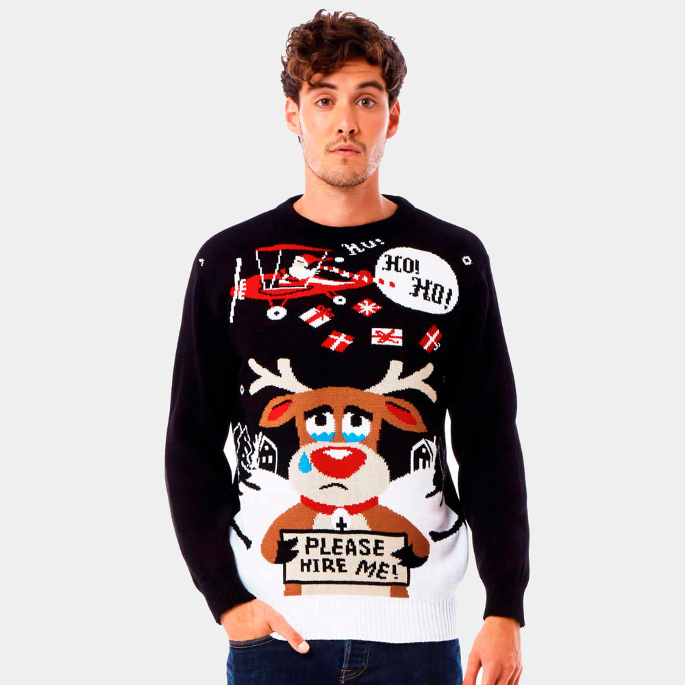 Camisola de Natal para Casal Preta Pai Natal e Rena à Procura de Trabalho homem