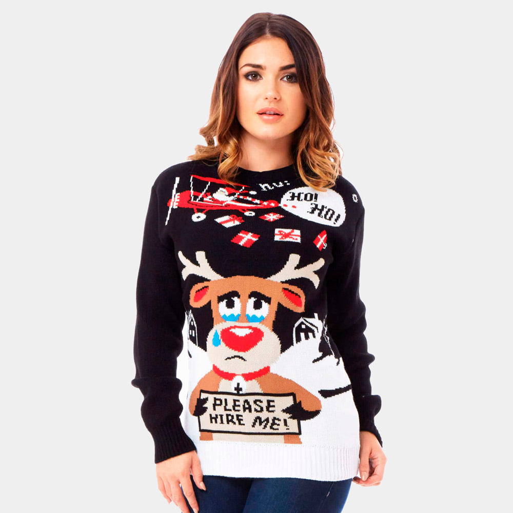 Camisola de Natal para Casal Preta Pai Natal e Rena à Procura de Trabalho mulher