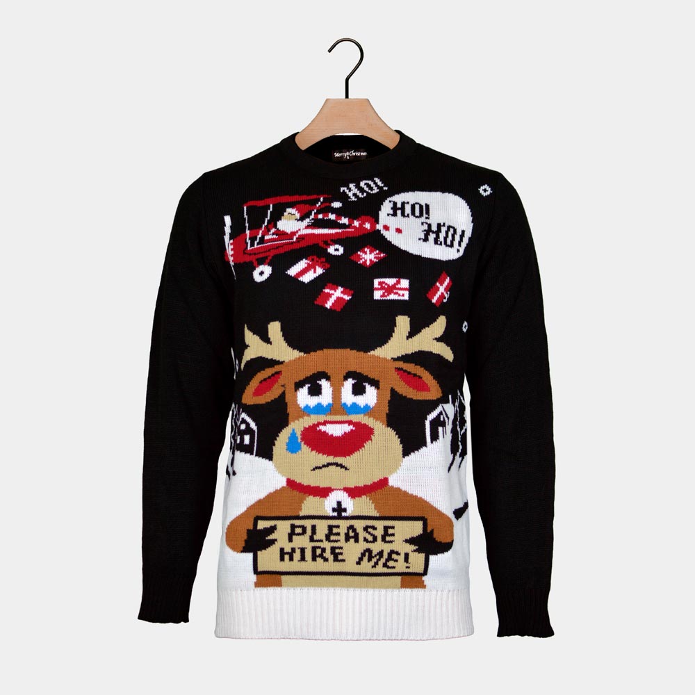 Camisola de Natal para Casal Preta Pai Natal e Rena à Procura de Trabalho