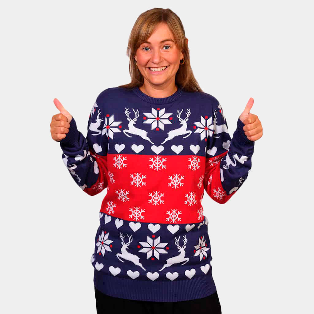 Camisola de Natal para Casal Renas e Corações Azul e Vermelha mulher