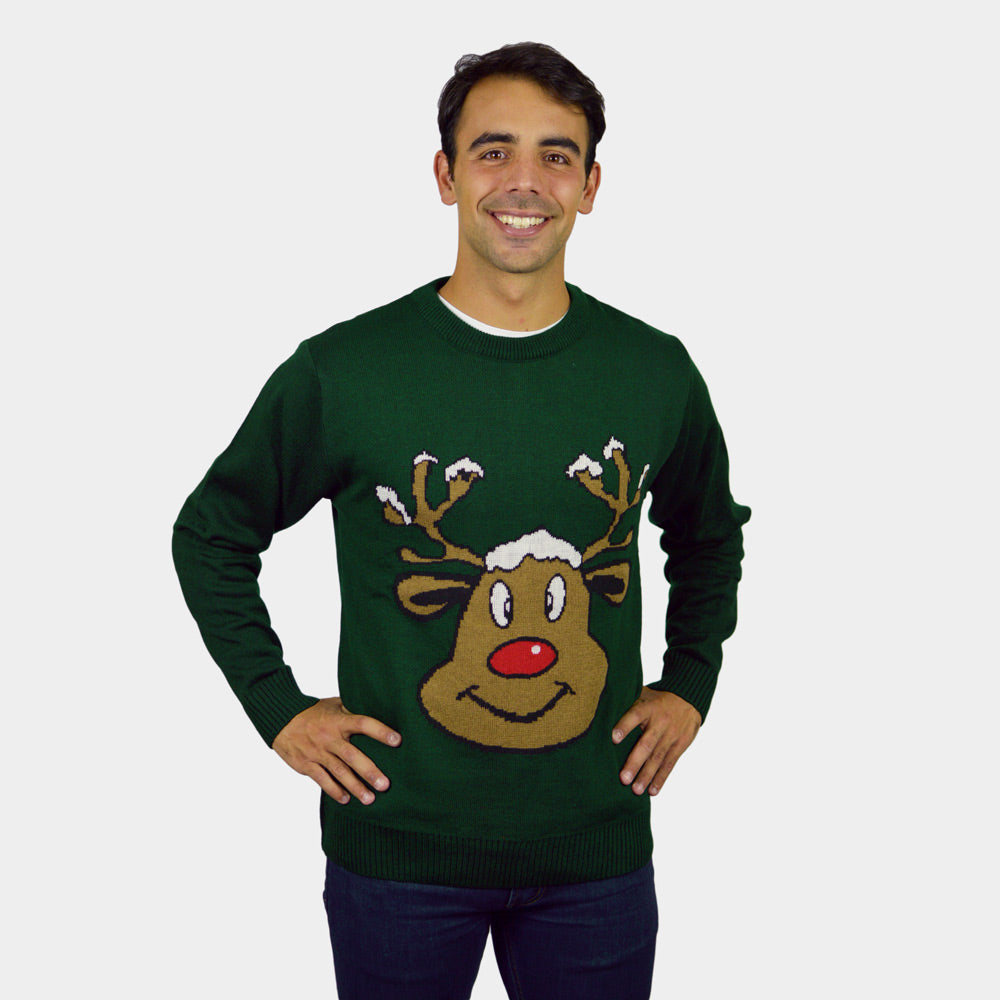 Camisola de Natal para Casal Verde com Rena Sorridente homem