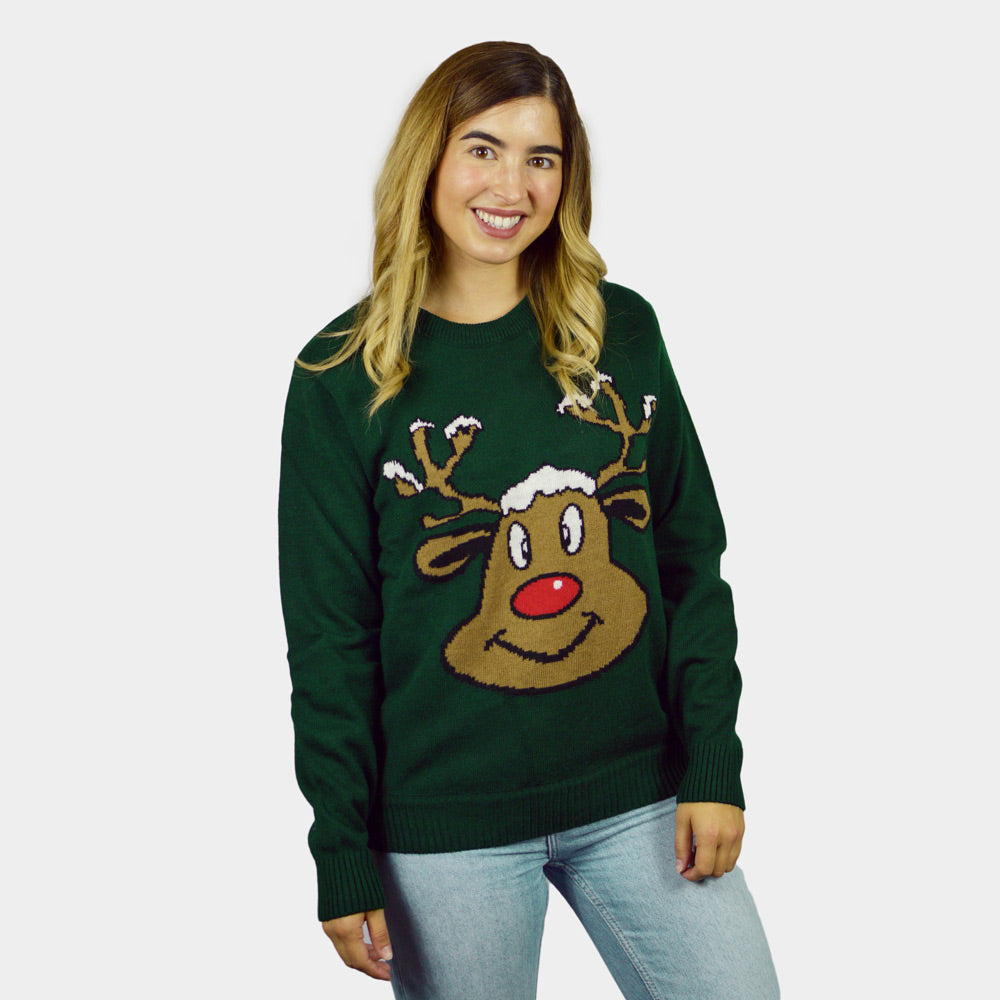 Camisola de Natal para Casal Verde com Rena Sorridente mulher