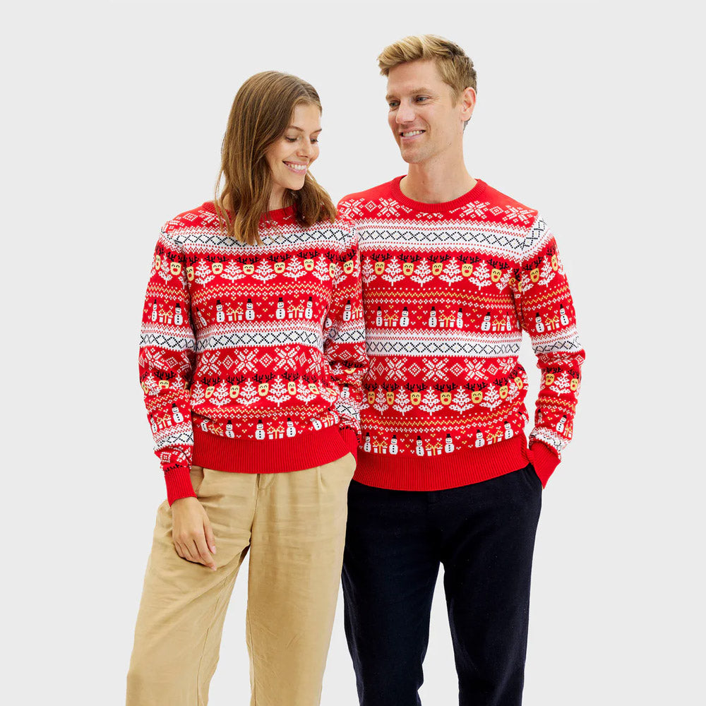 Camisola de Natal Casal Neve Vermelha Bonecos Árvores Algodão Orgânico
