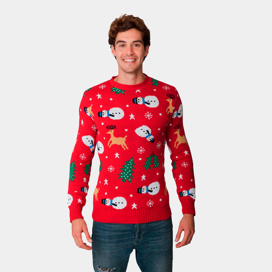 Camisola de Natal para Casal Vermelha com Bonecos, Renas e Árvores homem