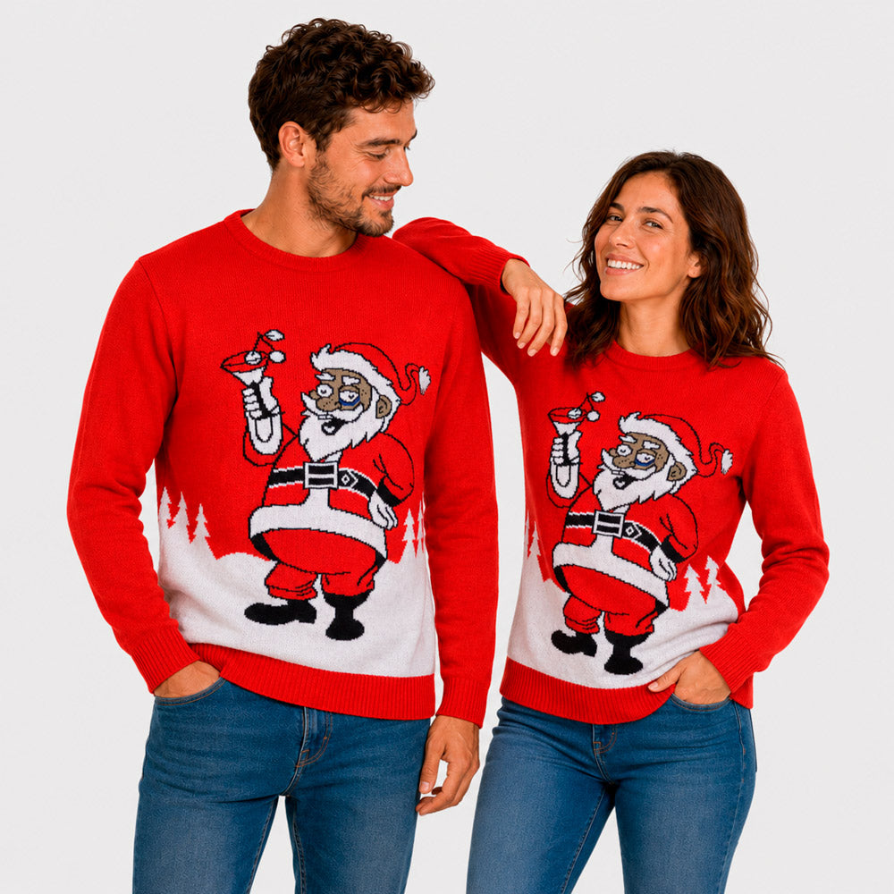 Camisola de Natal Vermelha Pai Natal com um Martini Casal
