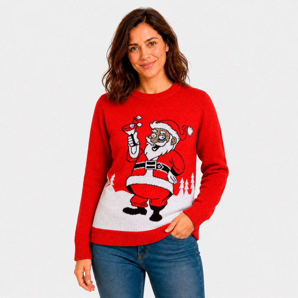 Camisola de Natal Vermelha Pai Natal com um Martini Mulher