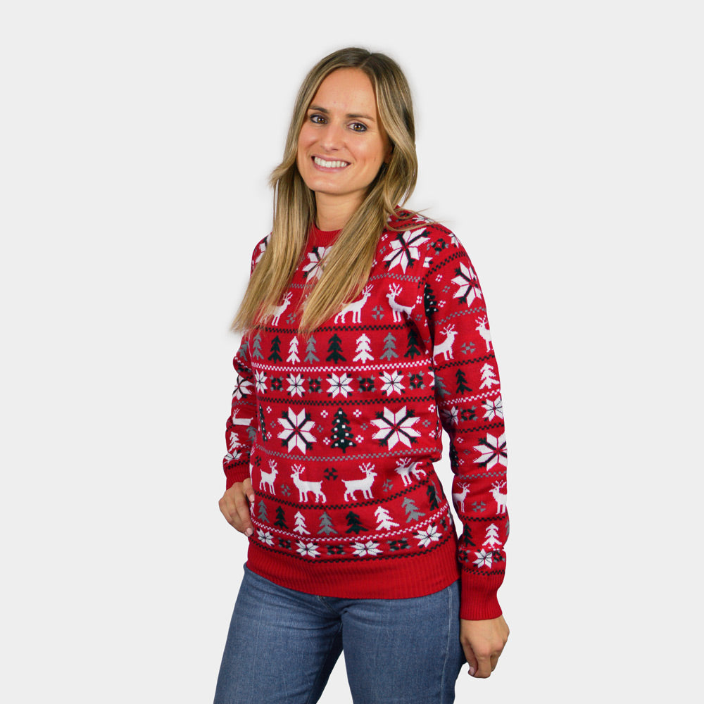 Camisola de Natal para Casal Vermelha com Renas, Árvores e Estrela Polar mulher