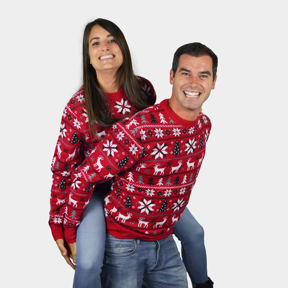 Camisola de Natal para Casal Vermelha com Renas, Árvores e Estrela Polar