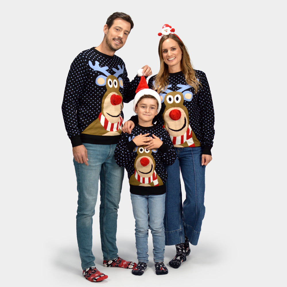 Camisola de Natal homem e mulher Crianças Azul Rena com Nariz Vermelho 3D
