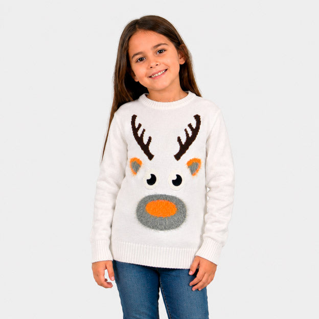 Camisola de Natal Branca para Crianças com Rena 3D Menina