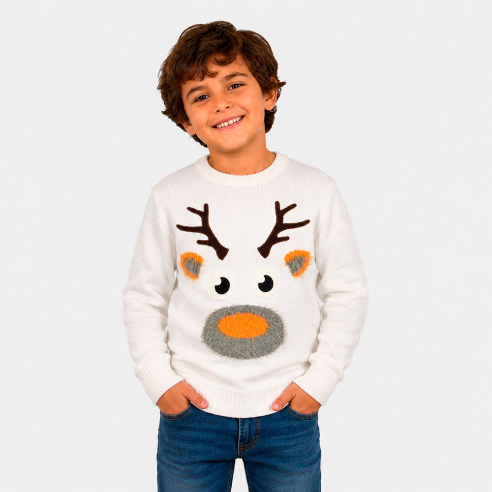 Camisola de Natal Branca para Crianças com Rena 3D Menino