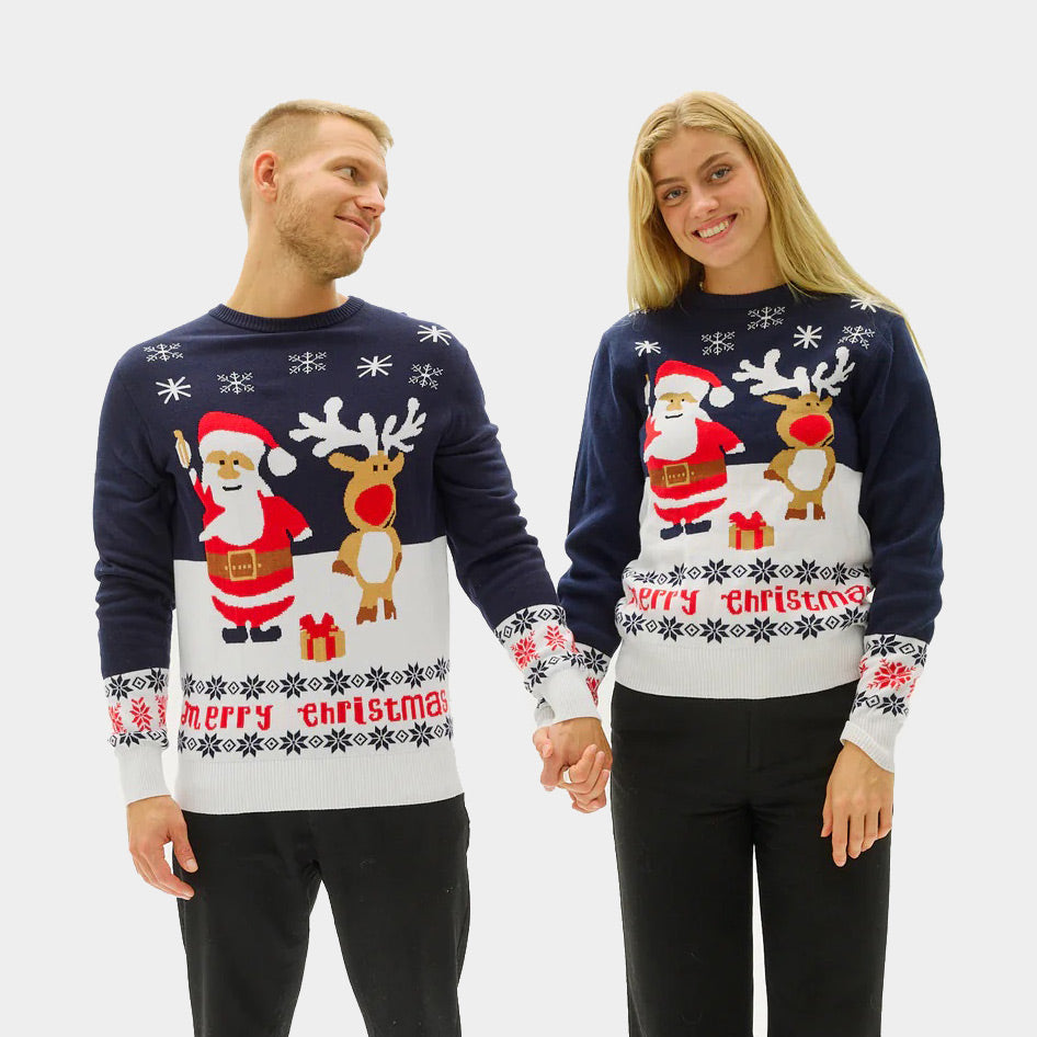 Camisola de Natal para Casal Azul con Pai Natal e Rena Rudolph
