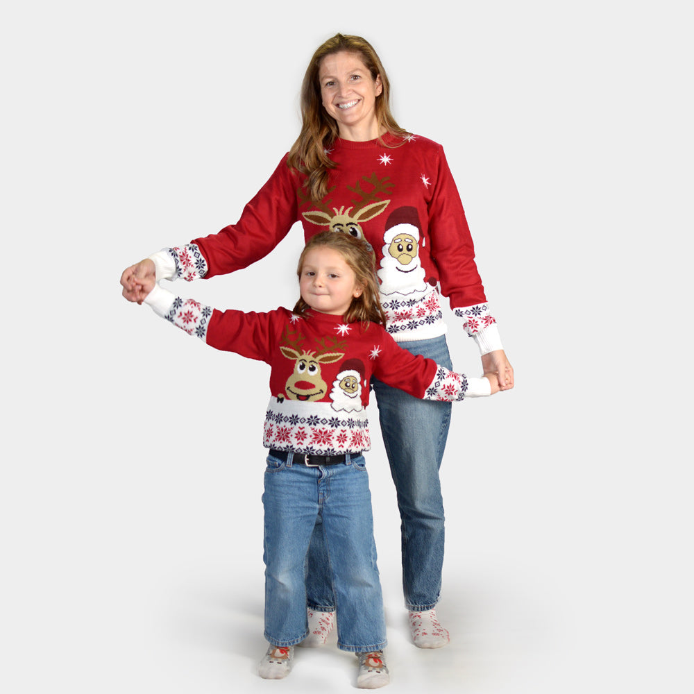 Camisola de Natal para Menina e Menino com Rena e Pai Natal Sorridentes Familia
