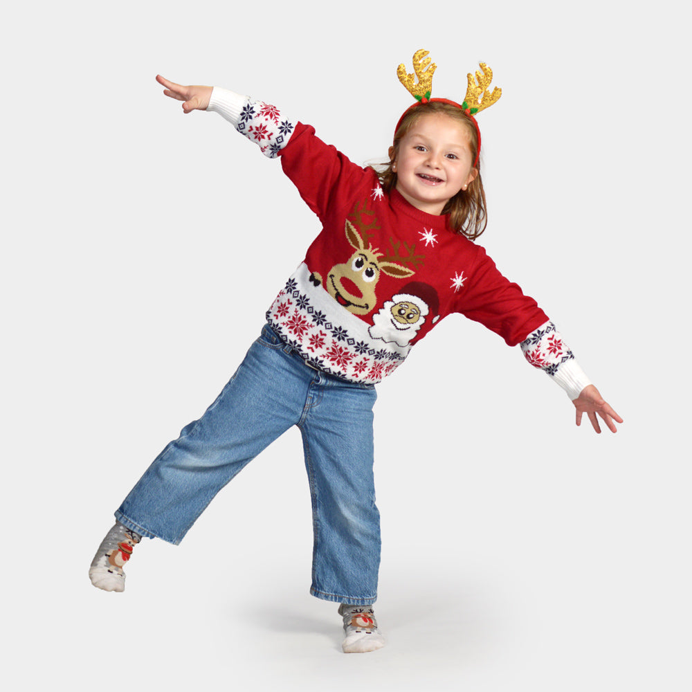Camisola de Natal para Menina e Menino com Rena e Pai Natal Sorridentes
