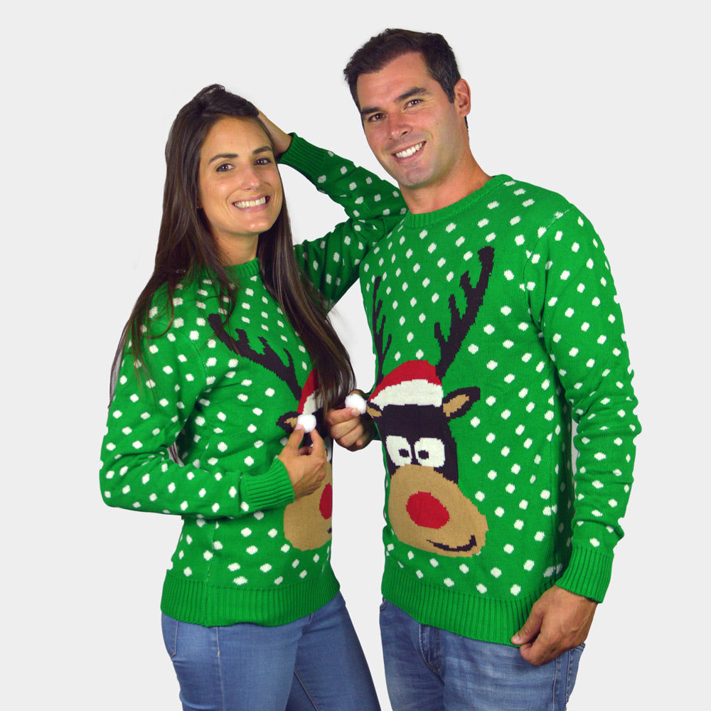 Camisola de Natal Casal Menina e Menino Verde Rena com Gorro 3D
