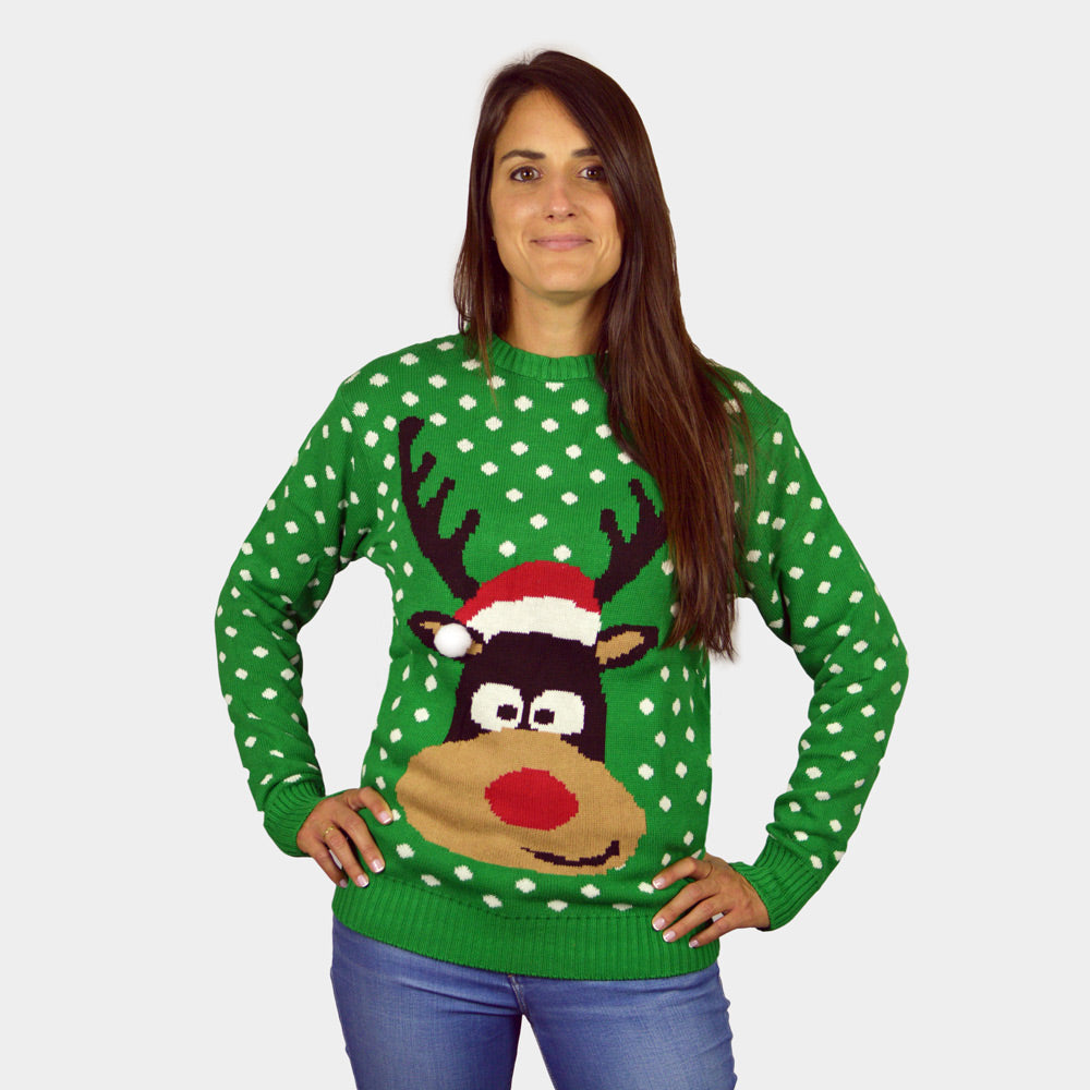 Camisola de Natal Mulher Menina e Menino Verde Rena com Gorro 3D
