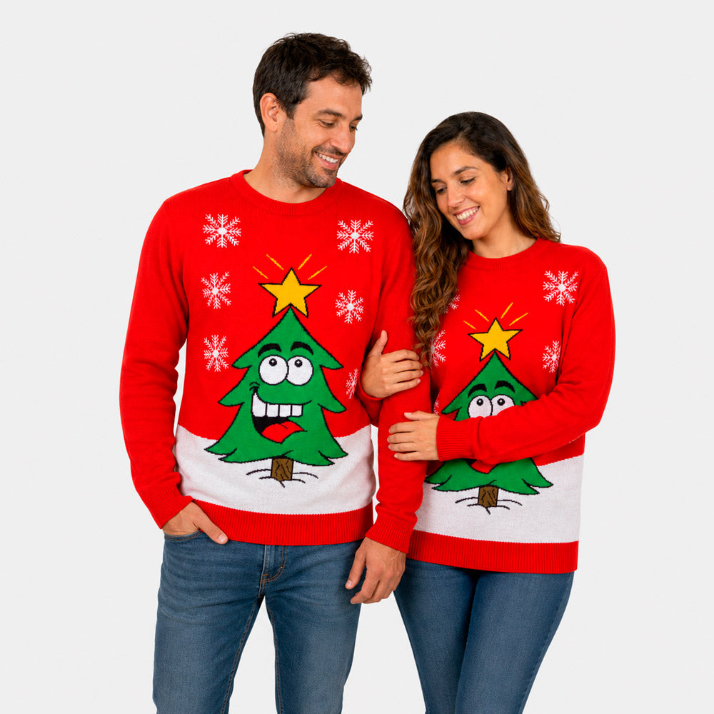 Camisola de Natal Família com Árvore de Natal Sorridente Casal