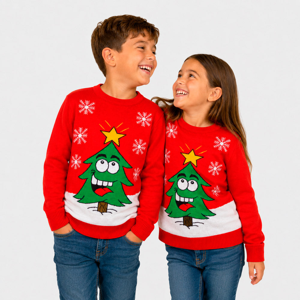 Camisola de Natal Família com Árvore de Natal Sorridente Crianças
