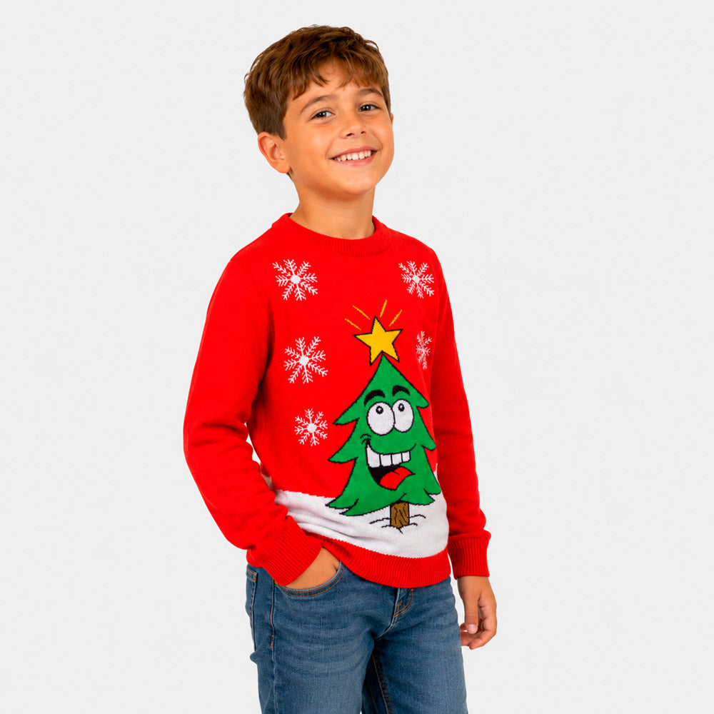 Camisola de Natal Família com Árvore de Natal Sorridente Menino
