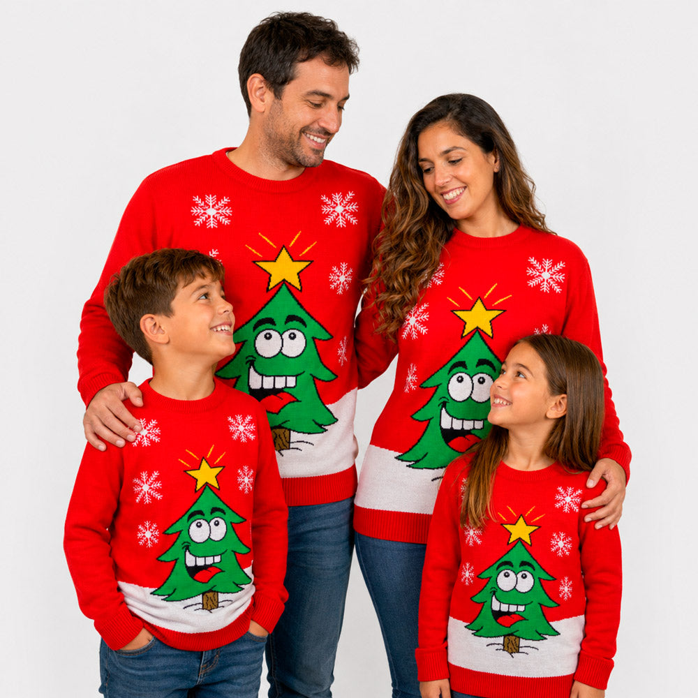 Camisola de Natal Família com Árvore de Natal Sorridente
