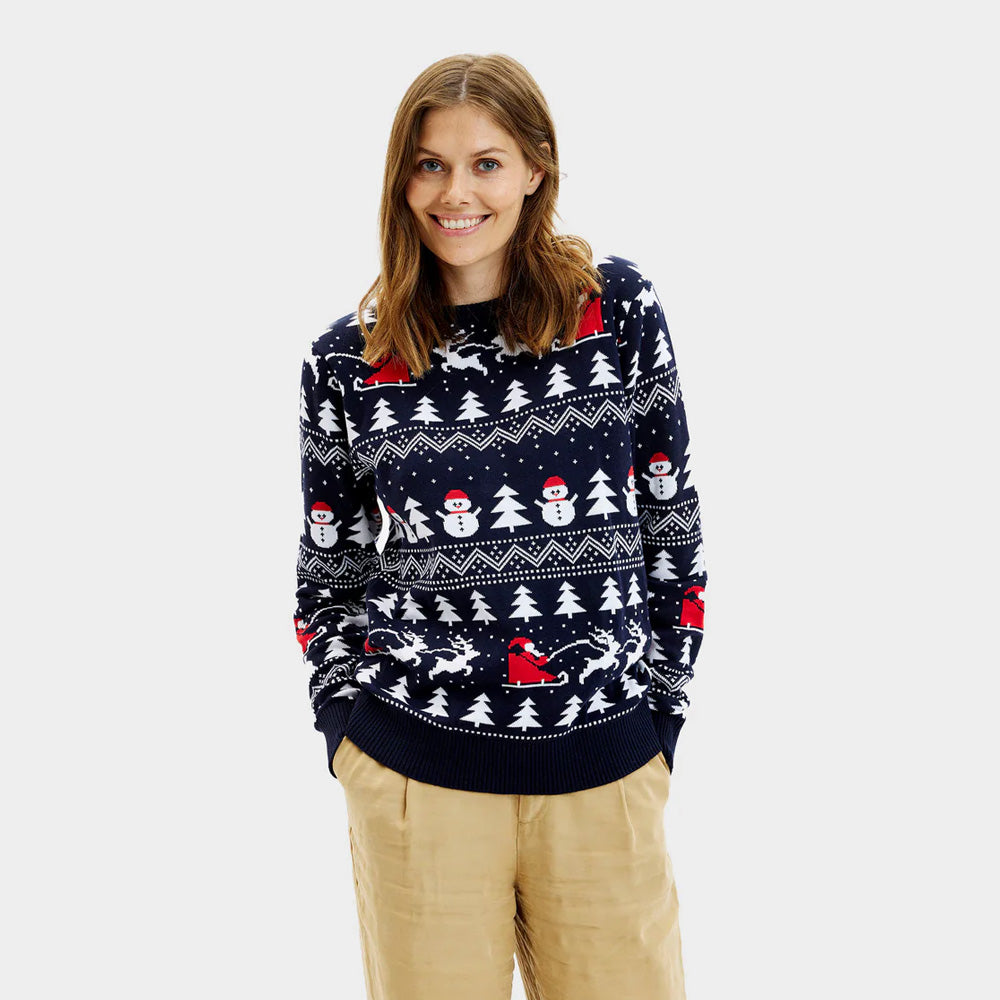 Camisola de Natal Família Mulher Árvores, Bonecos e Pai Natal
