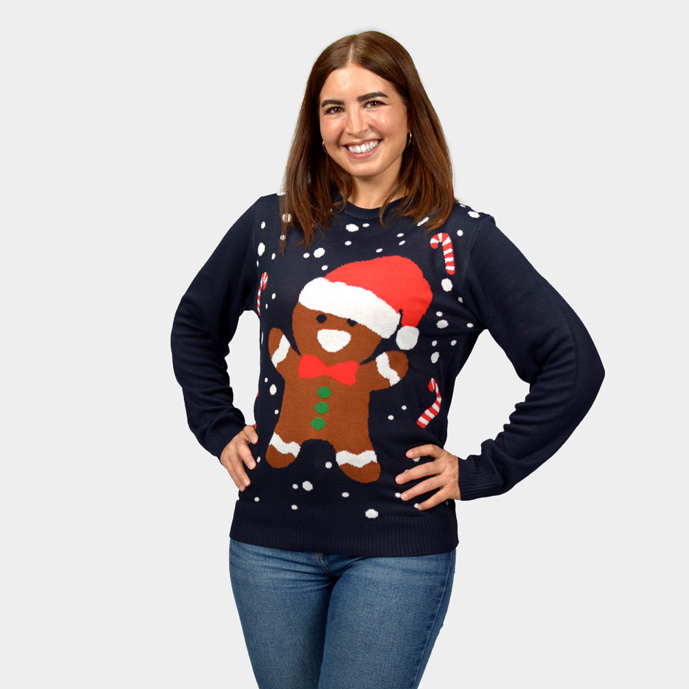 Camisola de Natal Mulher Família Azul Gingerbread