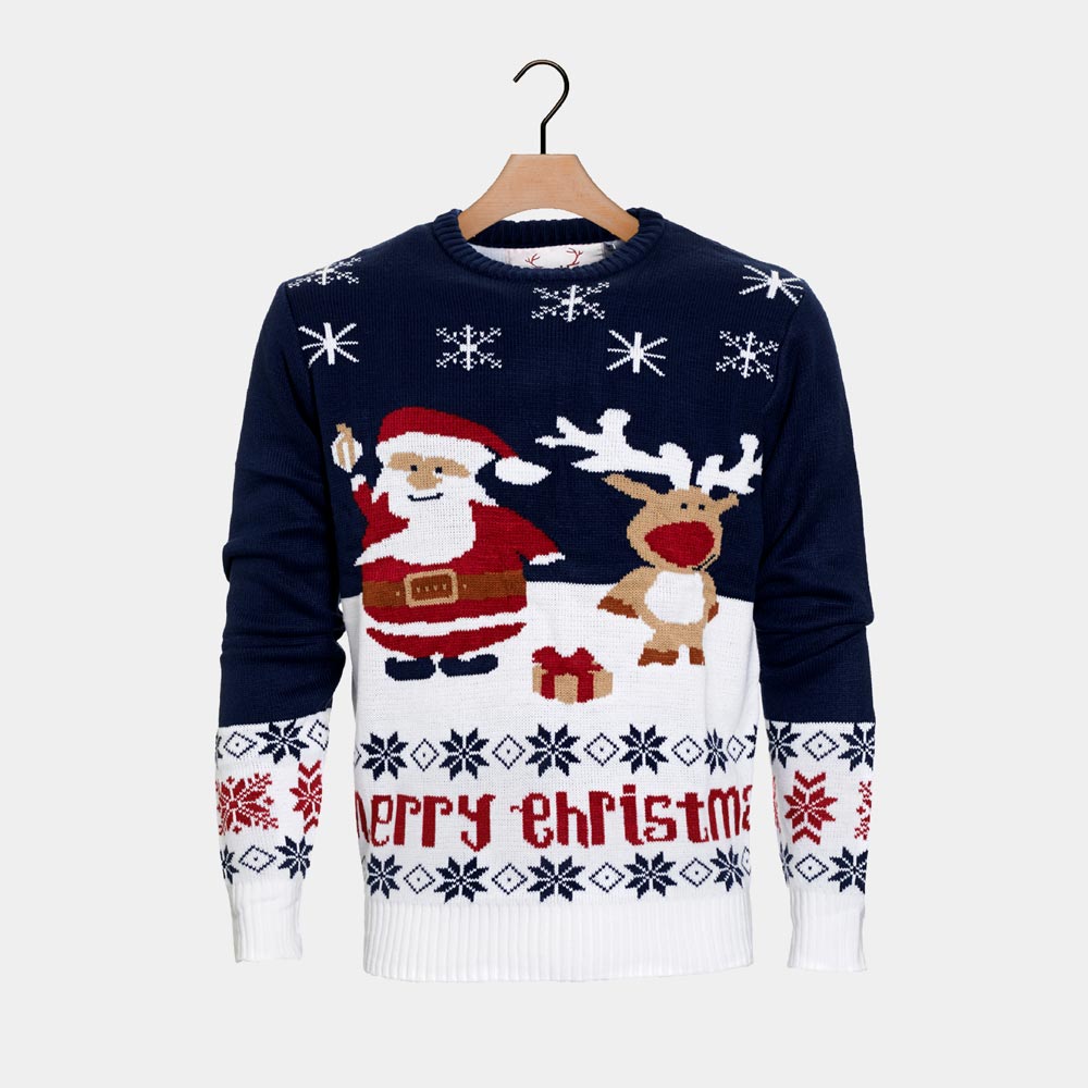 Camisola de Natal Família Azul Algodão Orgânico Pai Natal Rena Rudolph 

