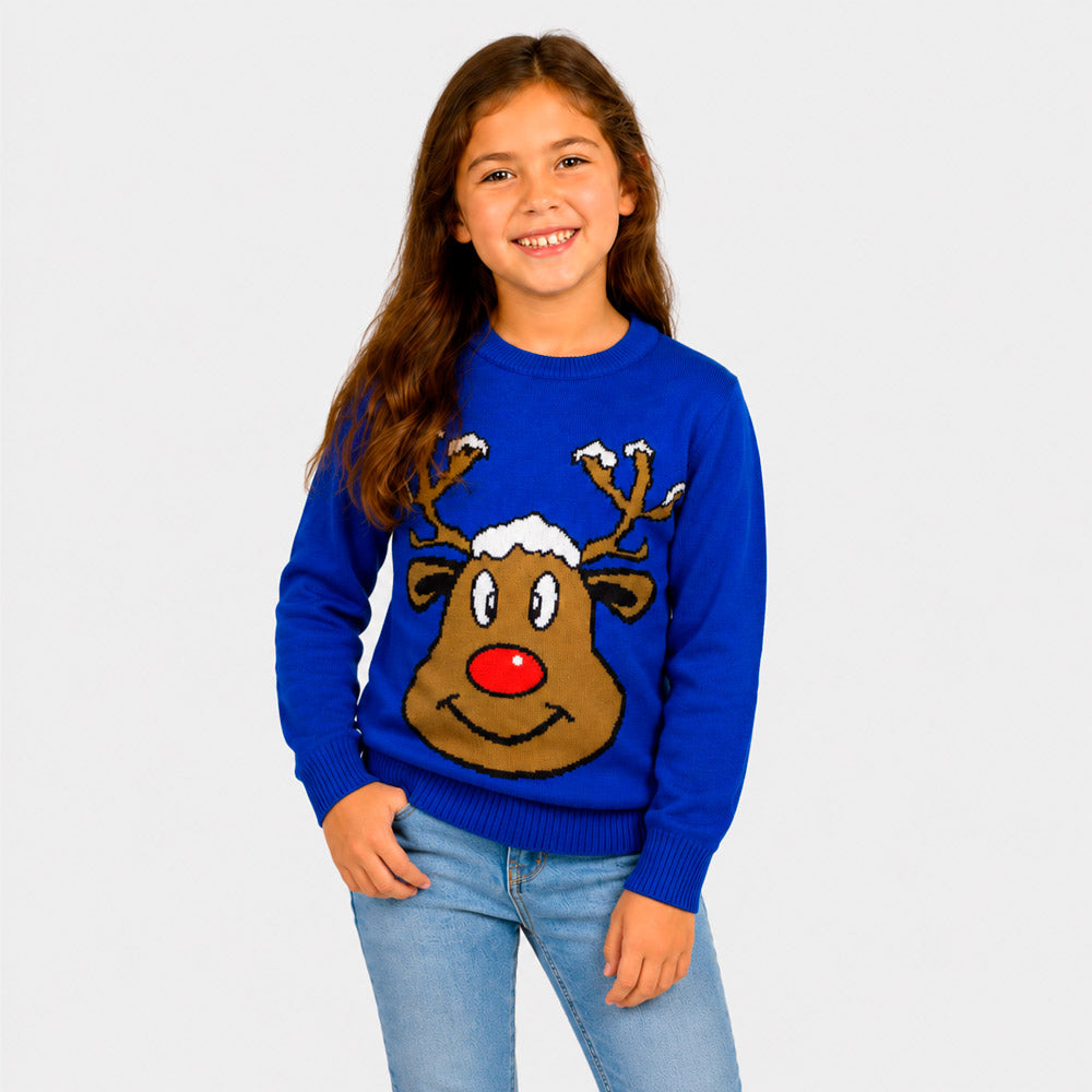 Camisola de Natal Família Azul com Rena Sorridente Bambina
