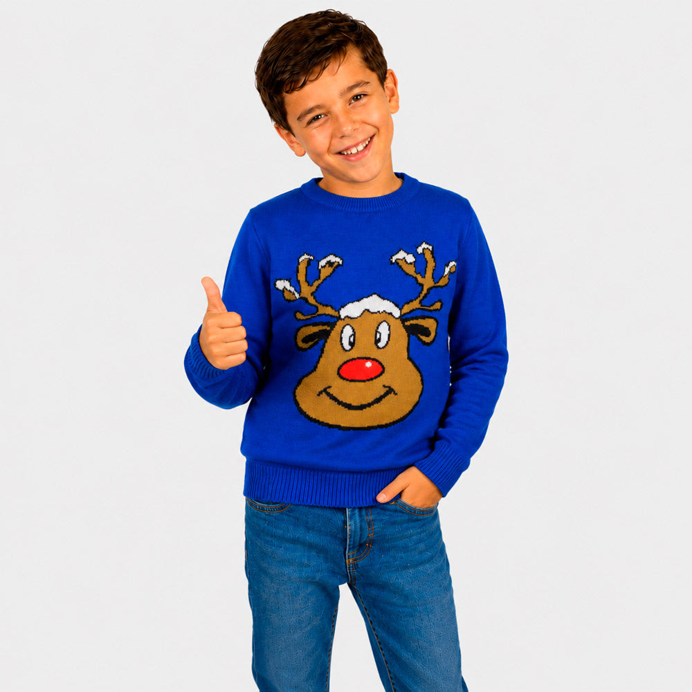 Camisola de Natal Família Azul com Rena Sorridente Bambino
