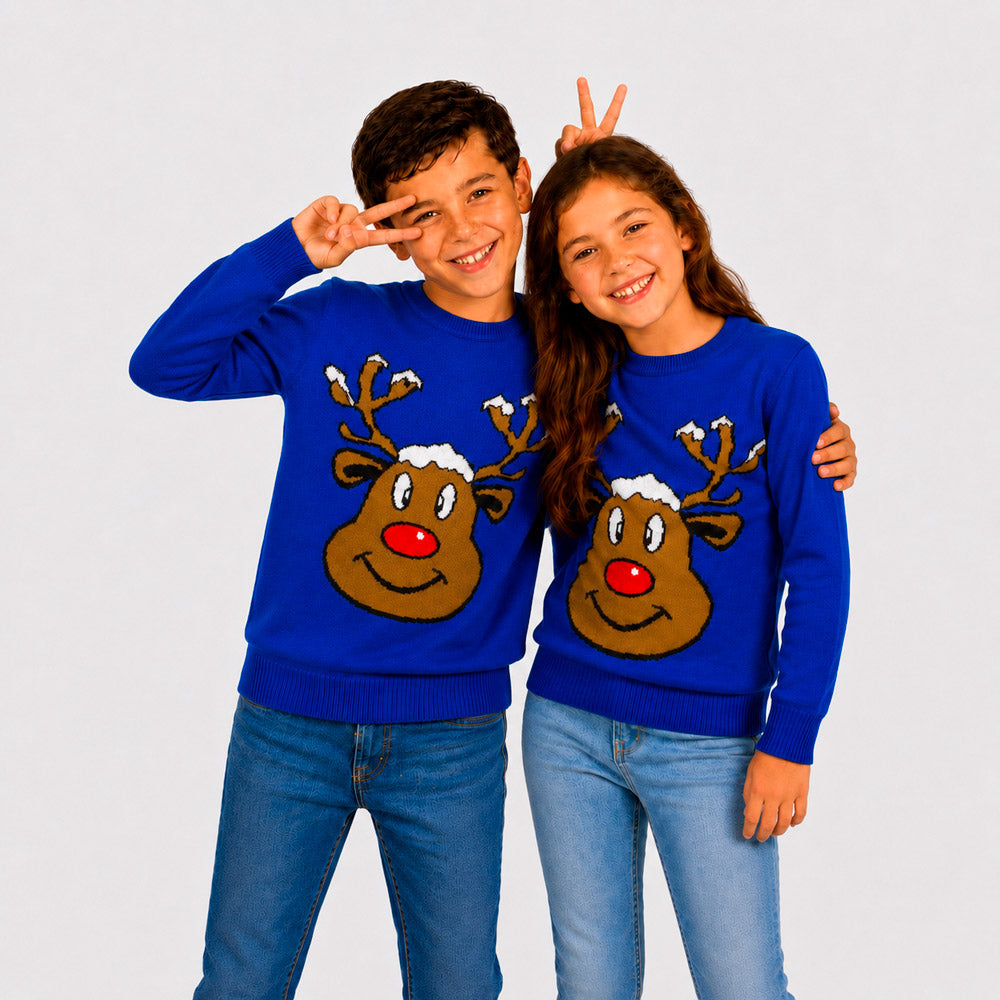 Camisola de Natal Família Azul com Rena Sorridente Crianças