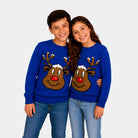 Camisola de Natal Família Azul com Rena Sorridente Crianças