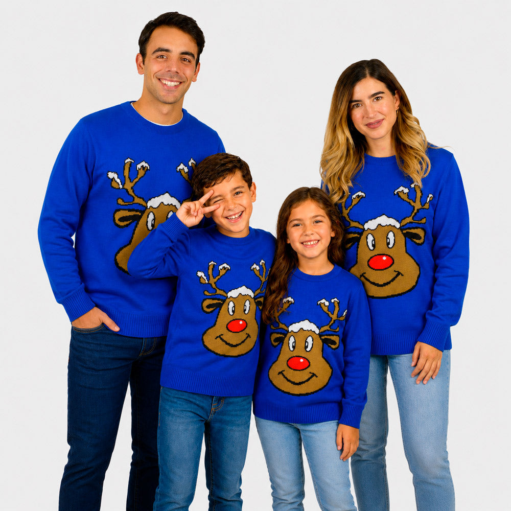 Camisola de Natal Família Azul com Rena Sorridente
