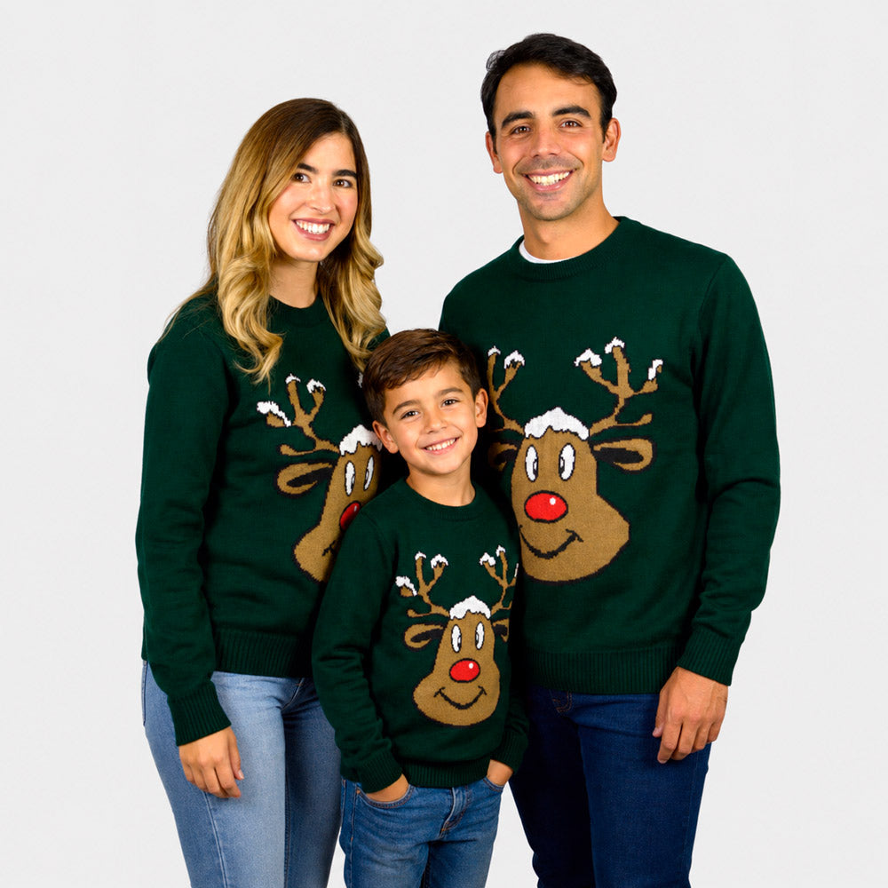 Camisola de Natal Família com Rena Sorridente Verde 
