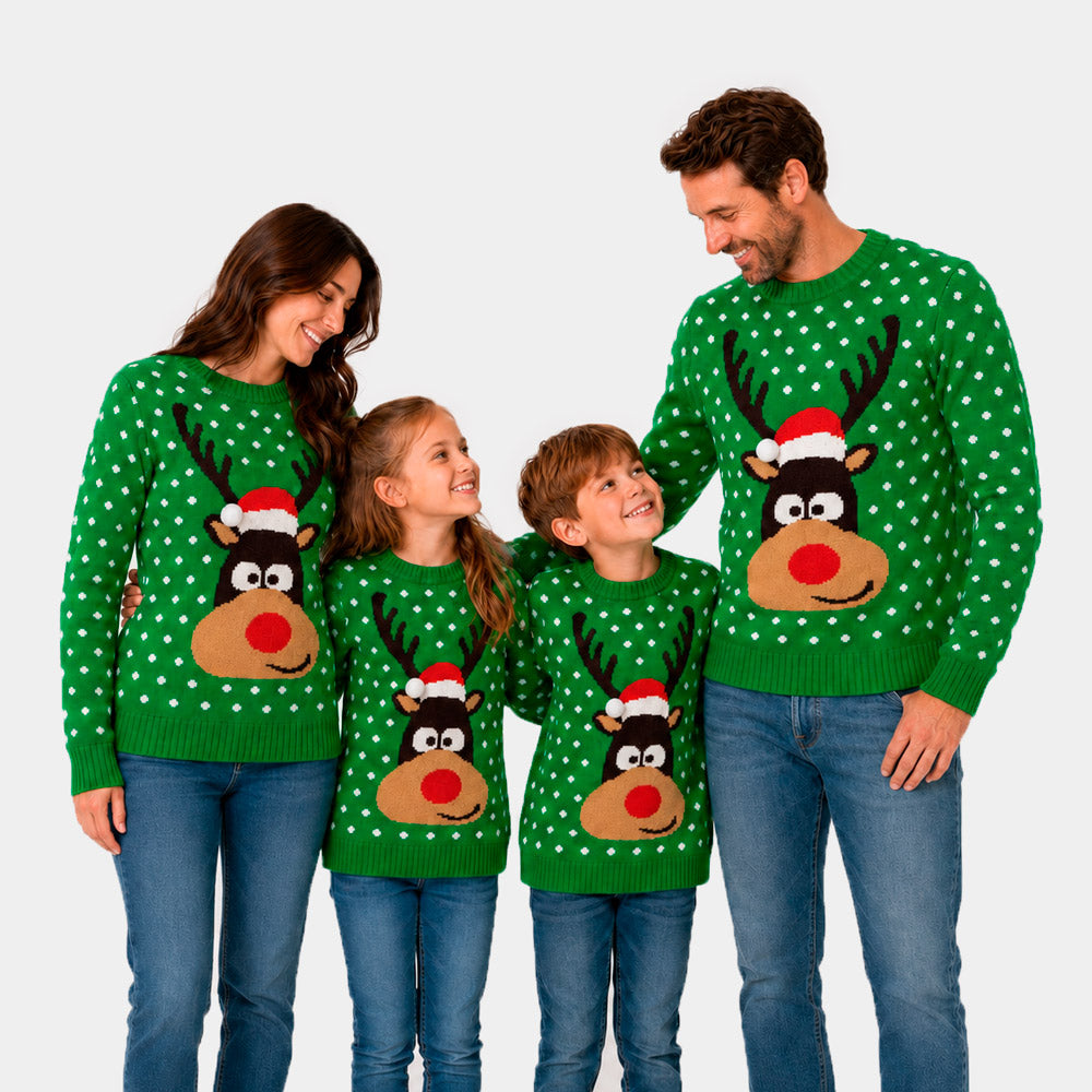 Camisola de Natal para Família Verde Rena com Gorro 3D
