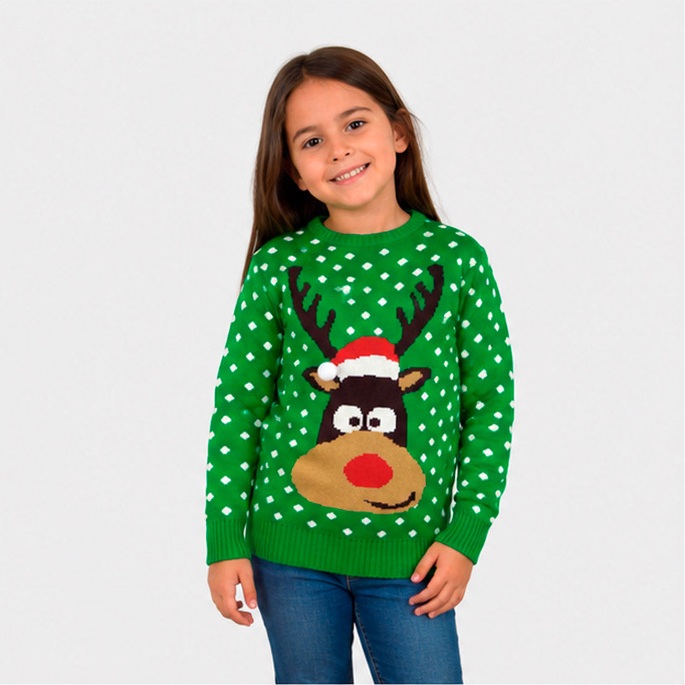 Camisola de Natal para Família Verde Rena com Gorro 3D Menina
