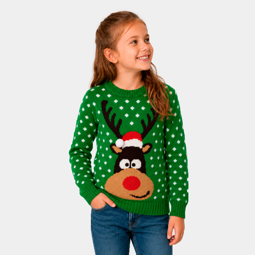 Camisola de Natal para Família Verde Rena com Gorro 3D Menina

