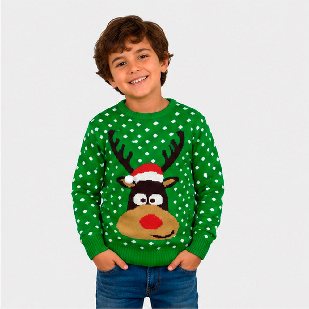 Camisola de Natal para Família Verde Rena com Gorro 3D Menino
