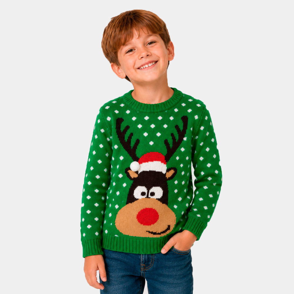 Camisola de Natal para Família Verde Rena com Gorro 3D Menino
