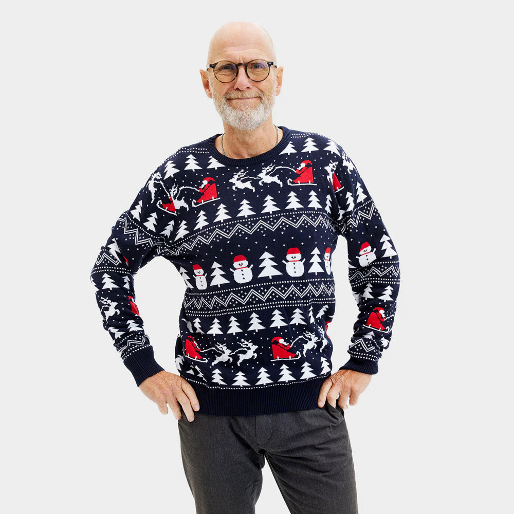 Camisola de Natal Homem Azul Árvores Bonecos Pai Natal Algodão Orgânico
