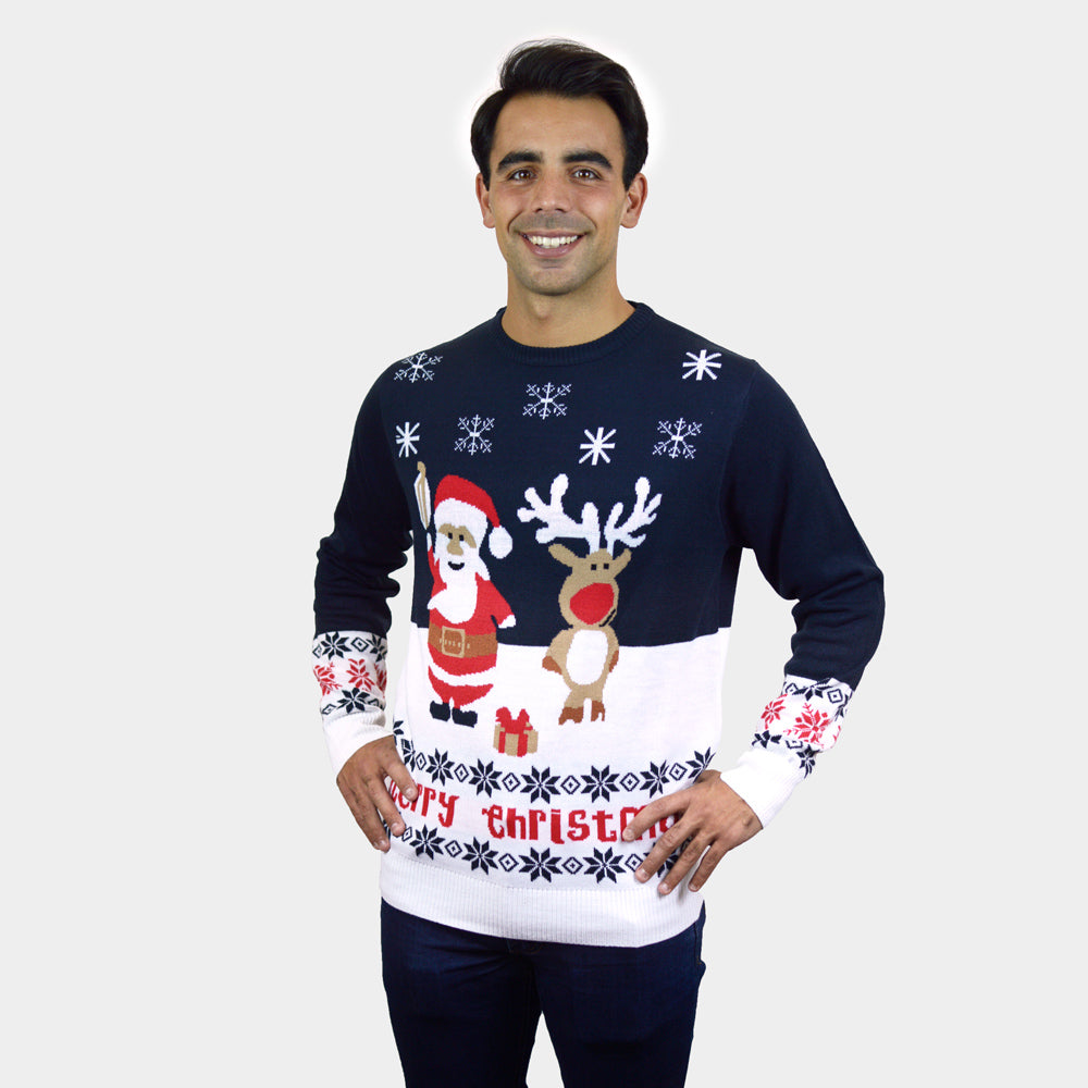 Camisola de Natal para Homem Azul Pai Natal e Rena Rudolph Algodão Orgânico