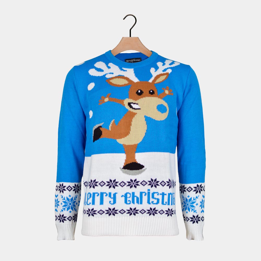 Camisola de Natal para Homem Azul com Rena Patinadora