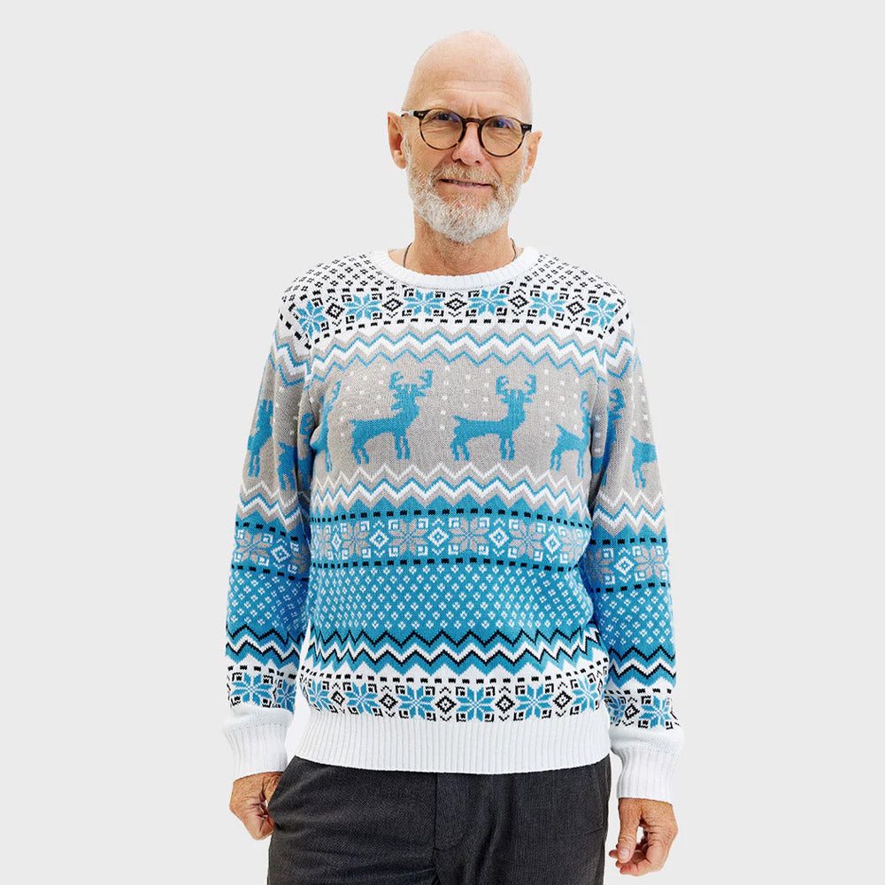 Camisola de Natal Homem Elegante Branca, Cinza e Azul com Renas

