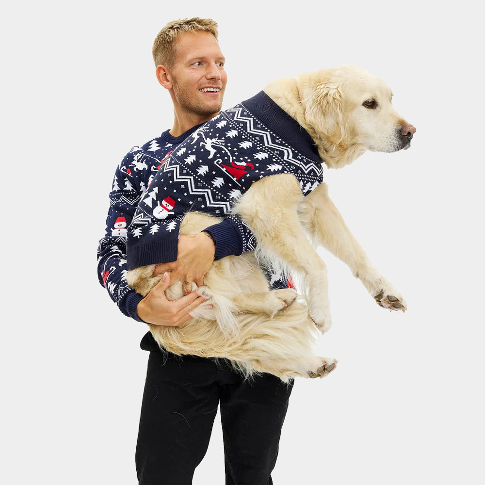 Camisola de Natal para Homem con cão Árvores, Bonecos e Pai Natal
