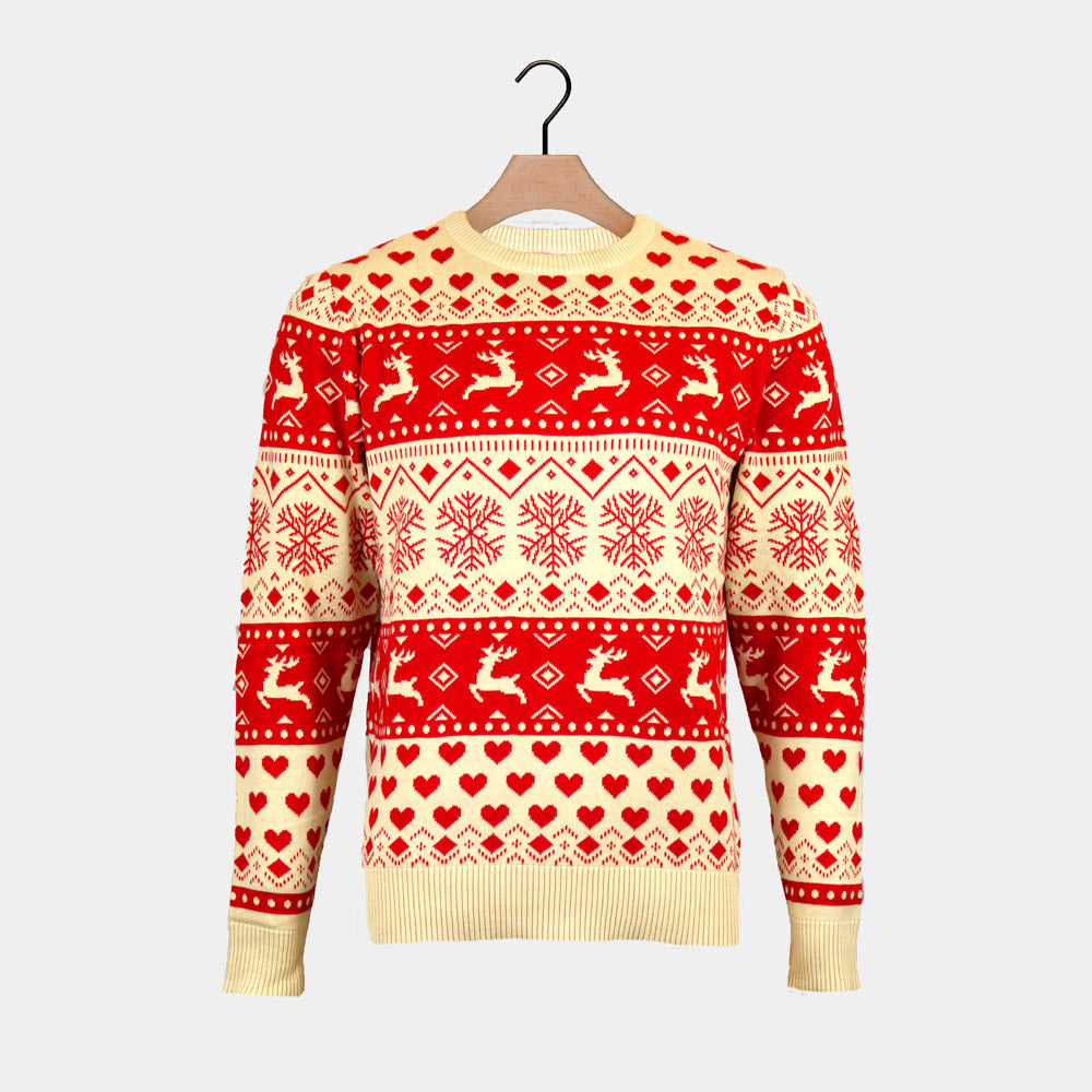 Camisola de Natal Homem Corações Vermelhos Bege Orgânico Algodão 
