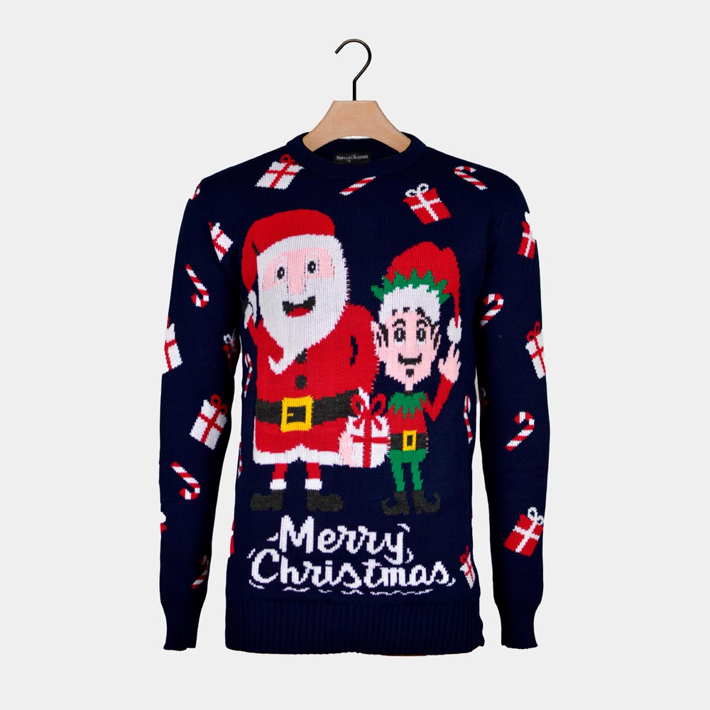 Camisola de Natal para Homem com Elfo e Pai Natal