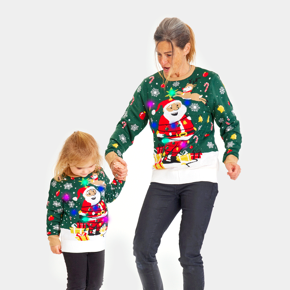 Camisola de Natal para Homem e Familia Verde com Luzes LED Pai Natal Preso

