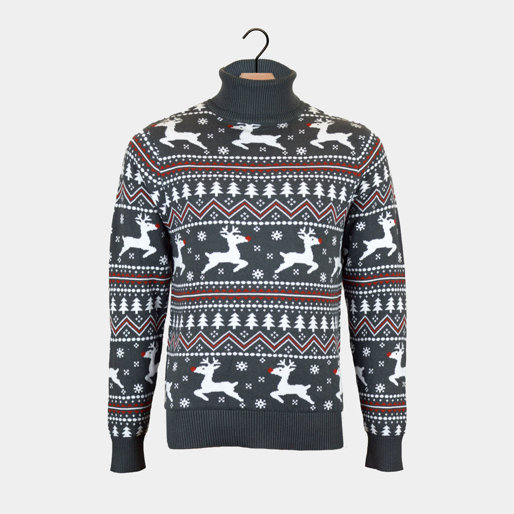 Camisola de Natal Homem Gola Alta Renas Cinzenta Algodão Orgânico
