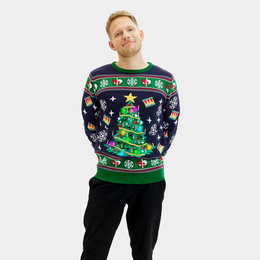 Camisola de Natal Homem Azul Luzes LED Árvore de Natal
