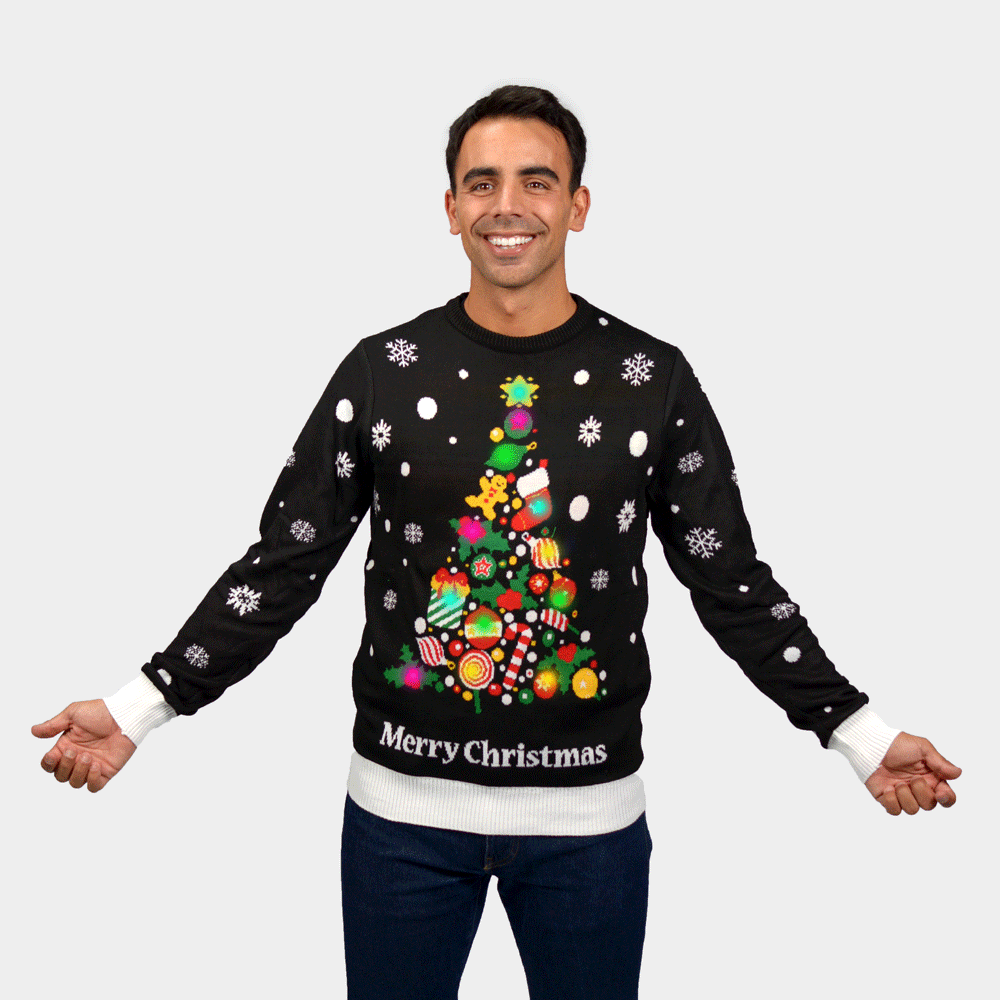 Camisola de Natal Homem com Luzes LED Preta Árvore de Natal
